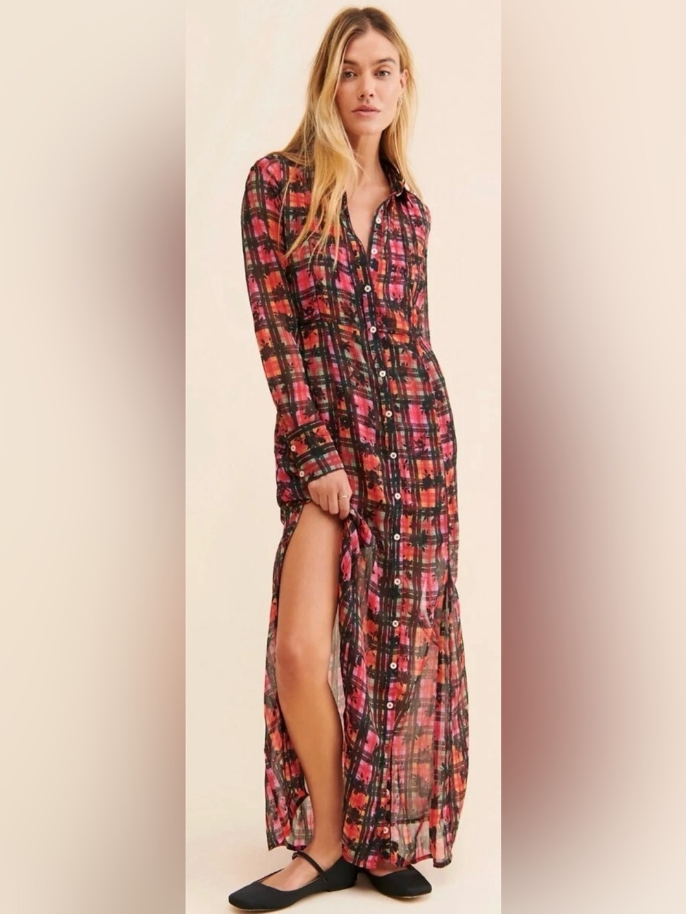 Free People Jerra Plaid Floral Maxi Shirt Dress Sheer Black Pink Orange XS Boho